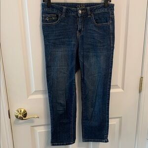 Cache Medium to Dark Wash Blue Jeans Women’s size 2 with metallic pocket detail‎